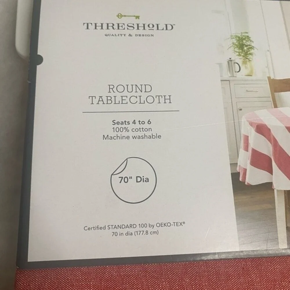 NEW Red Stripes Round Tablecloth 70” diameter Holiday Farmhouse Rustic Home